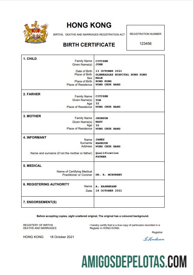 Realista modelo Word e PDF de certidão de nascimento de Hong Kong
